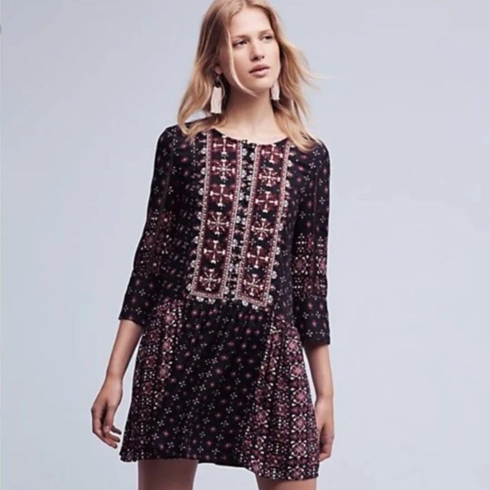 Vanessa Virginia Tunic Dress Lrg Blk Pink Cotton Embroidered DropWaist Festival